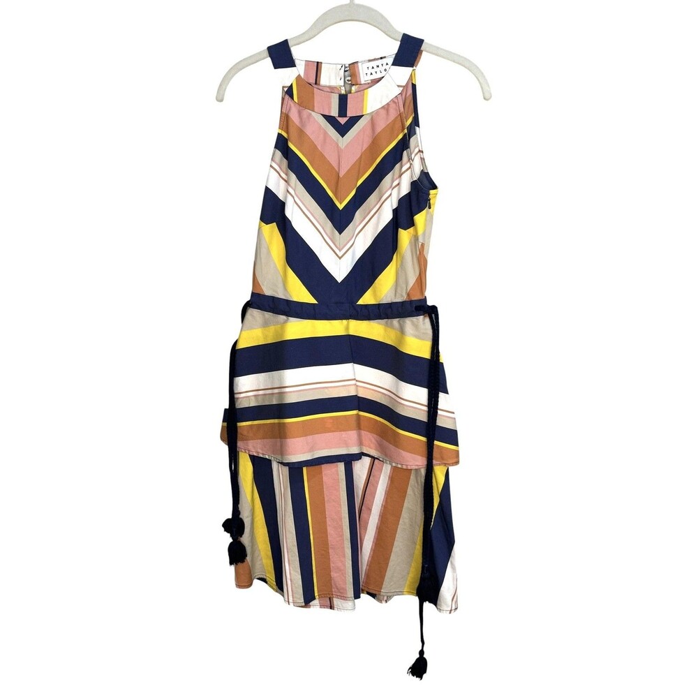 Tanya Taylor Dress 4 Multicolor Stripe Halter Hi Low Belted Tassel Sundress